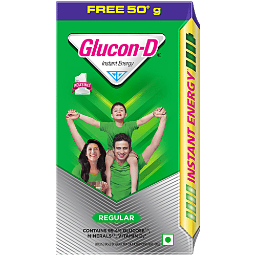 Glucon-D Instant Energy Nutrition Drink - Regular, 200 g (Get 50 g Free), Refill Contains Minerals & Vitamins D2