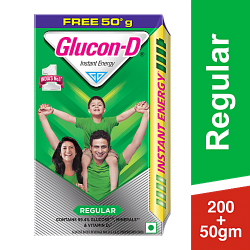 Glucon-D Instant Energy Nutrition Drink - Regular, 200 g (Get 50 g Free), Refill Contains Minerals & Vitamins D2