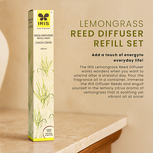 Iris Lemon Grass Reed Diffuser Refill Set -  diffuser oil, 16 Rattan reeds, 2 pcs  Refreshing, Concentration Enabling