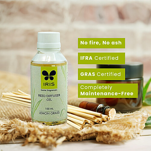 Iris Lemon Grass Reed Diffuser Refill Set -  diffuser oil, 16 Rattan reeds, 2 pcs  Refreshing, Concentration Enabling