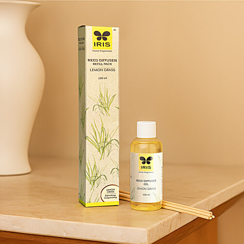 Iris Lemon Grass Reed Diffuser Refill Set -  diffuser oil, 16 Rattan reeds, 2 pcs  Refreshing, Concentration Enabling