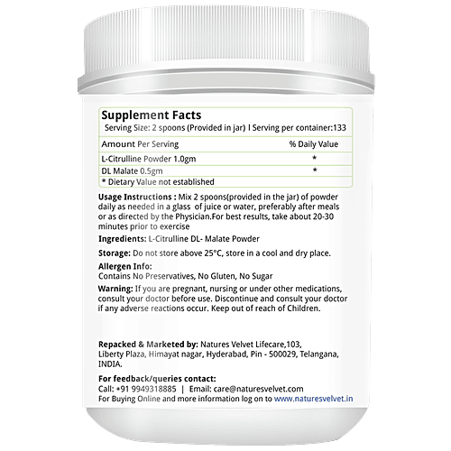 Natures Velvet L Citrulline DL Malate Powder - To Enhance Human Physique, 200 g