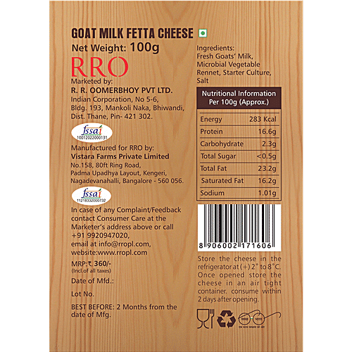 Buy RRO DAIRY Goat Milk Feta Cheese Online at Best Price of Rs 345