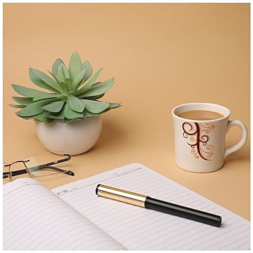 Parka Chai/Tea/Coffee Earthenware Cups - White Base With Maroon & Orange Design, 160 ml (Set of 6) 