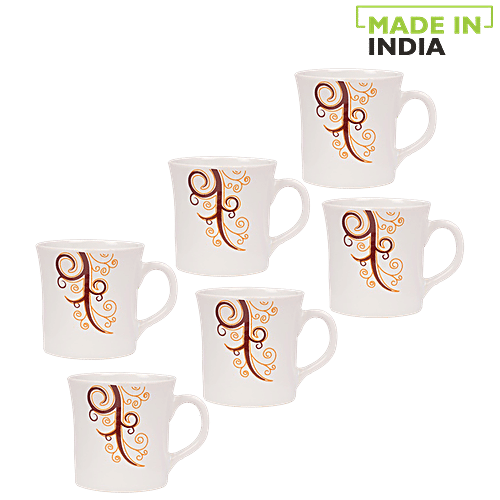 Parka Chai/Tea/Coffee Earthenware Cups - White Base With Maroon & Orange Design, 160 ml (Set of 6) 