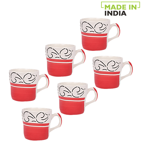 Anurag Chai/Tea/Coffee Stoneware Cups - Red Base With Black Pattern, 160 ml Pack Of 6 