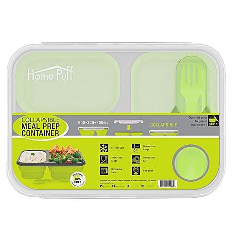 Buy Home Puff Collapsible Lunch Box/Tiffin Box 3 Compartment, Premium Silicone, Green Online