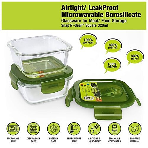 Home Puff Borosilicate Glass Lunch Box/Tiffin Box - Square Microwavable, Premium, Airvent Green Lid, 1 pc  Microwaveable