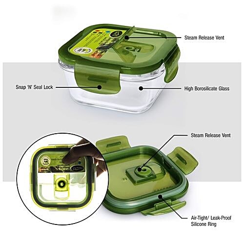 Buy Home Puff Lunch Box Square Borosilicate Glass, Microwavable, Premium, AirVent Green Lid