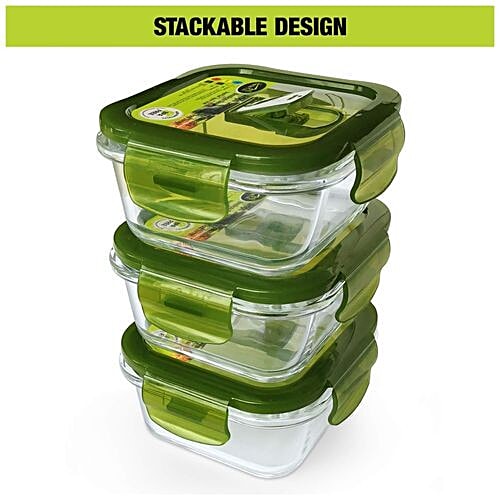 Home Puff Borosilicate Glass Lunch Box/Tiffin Box - Square Microwavable, Premium, Airvent Green Lid, 1 pc  Microwaveable