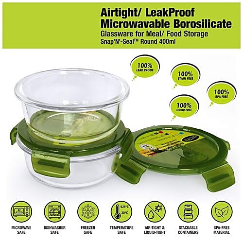 Home Puff Borosilicate Glass Lunch Box/Tiffin Box - Premium, Microwavable, AirVent Green Lid With Bag, 4 pcs  Microwaveable
