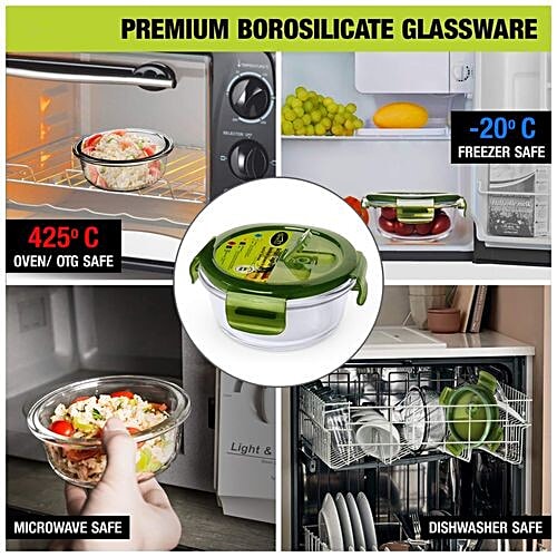 Home Puff Borosilicate Glass Lunch Box/Tiffin Box - Premium, Microwavable, AirVent Green Lid With Bag, 4 pcs  Microwaveable