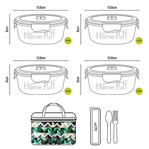 Home Puff Borosilicate Glass Lunch Box/Tiffin Box - Premium, Microwavable, AirVent Green Lid With Bag, 4 pcs  Microwaveable