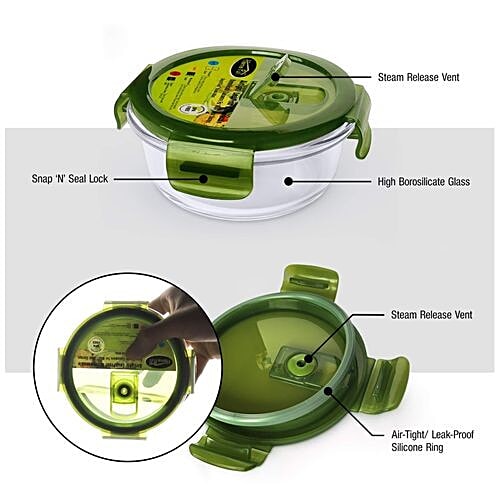 Home Puff Borosilicate Glass Lunch Box/Tiffin Box - Premium, Microwavable, AirVent Green Lid With Bag, 4 pcs  Microwaveable