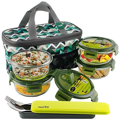 Home Puff Borosilicate Glass Lunch Box/Tiffin Box - Premium, Microwavable, AirVent Green Lid With Bag, 4 pcs  Microwaveable
