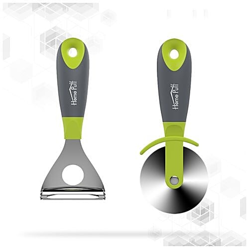 Home Puff Premium Vegetable/Fruit Peeler & Pizza Cutter with Grip Handle - Green, Silicone, Stainless Steel, 2 pcs (Set of 2) 