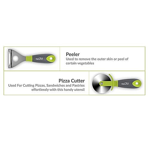 Home Puff Premium Vegetable/Fruit Peeler & Pizza Cutter with Grip Handle - Green, Silicone, Stainless Steel, 2 pcs (Set of 2) 