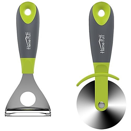 Home Puff Premium Vegetable/Fruit Peeler & Pizza Cutter with Grip Handle - Green, Silicone, Stainless Steel, 2 pcs (Set of 2) 