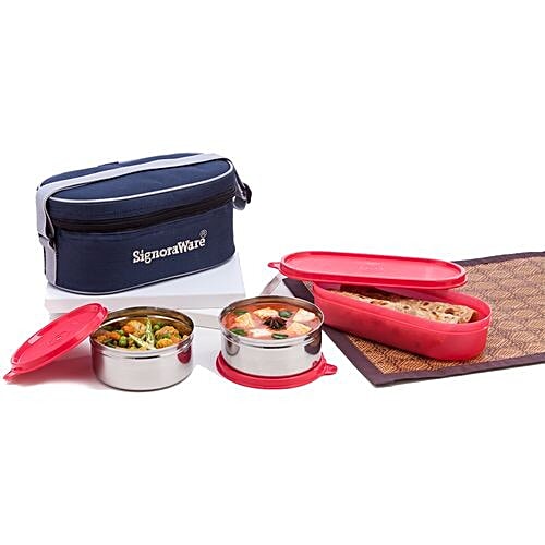 Signoraware Lunch Box Stainless Steel,Double Decker,350ml+350ml+500ml Containers,Red, Set of 3 Non-Toxic