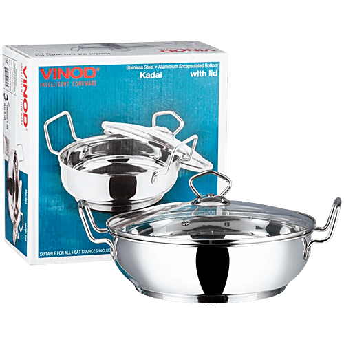 Buy Vinod Stainless Steel Kadai Induction Bottom & Glass Lid, 26 cm