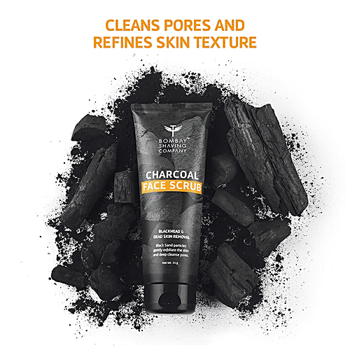 Bombay Shaving Company Charcoal Face Scrub With Black Sand - Exfoliates Skins & Removes Black Heads, 45 g  SLS Free