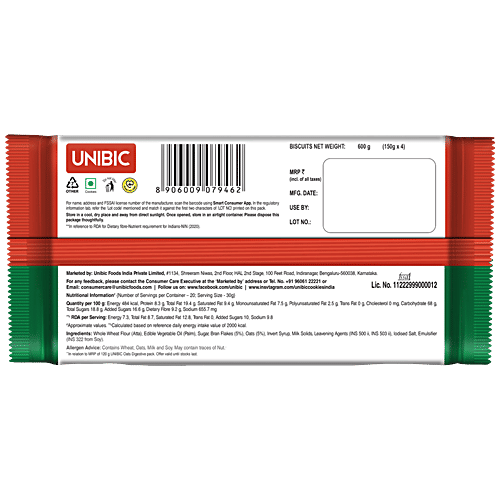 Unibic Oats Digestive, 600 g (4x150g) 0% Maida, 30% Daily Fibre, No Trans Fat & Cholesterol