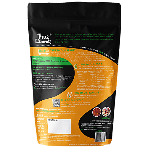 True Elements Roasted Pumpkin Seeds - High In Protein, Ready To Eat Snack, Immunity Booster, 500 g  High in Fibre & Protein