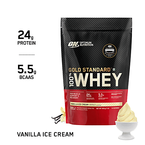 Optimum Nutrition Gold Standard Vanilla Ice Cream Whey Protein Powder, 454 g Pouch 