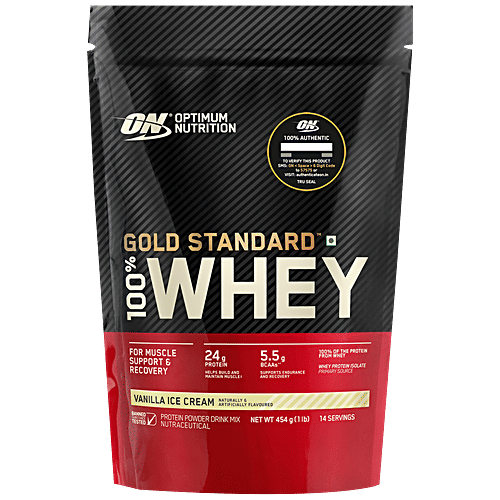 Optimum Nutrition Gold Standard Vanilla Ice Cream Whey Protein Powder, 454 g Pouch 