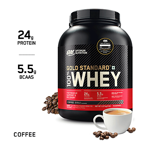 Optimum Nutrition Gold Standard 100% Whey Protein Isolate - Coffee, For Muscle Recovery, 2.27 Kg Tub 