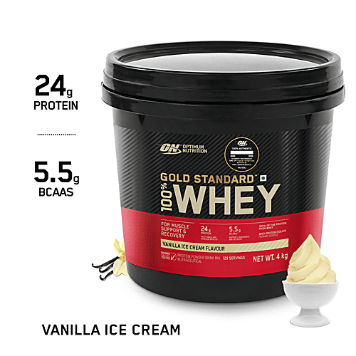 Optimum Nutrition Gold Standard 100% Whey Protein Powder - Vanilla Ice Cream Flavour, For Muscle Support, 4 kg