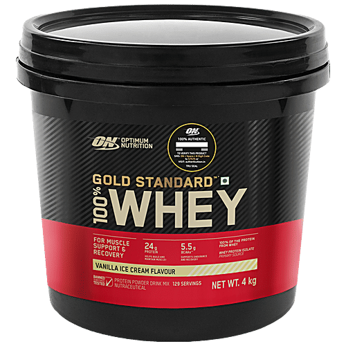 Optimum Nutrition Gold Standard 100% Whey Protein Powder - Vanilla Ice Cream Flavour, For Muscle Support, 4 kg