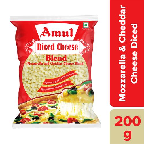 Amul Pizza Cheese Diced - Mozzarella & Cheddar Blend, 200 g Pouch Zero Added Sugar