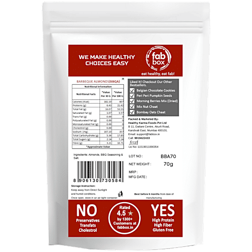 Fabbox Barbeque Almonds, 70 g Pouch No Preservatives, High Protein