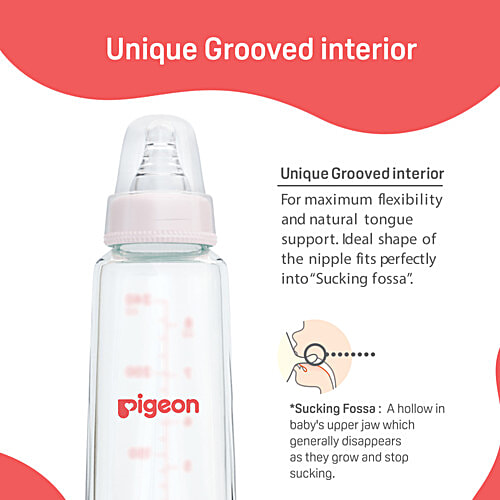Pigeon Baby Glass Feeding Bottle With 2 L Nipples - 9+ Months, Pink, 240 ml BPA Free