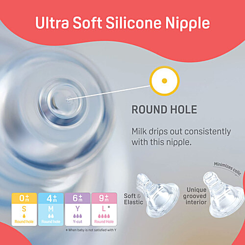 Pigeon Baby Glass Feeding Bottle With 2 L Nipples - 9+ Months, Pink, 240 ml BPA Free