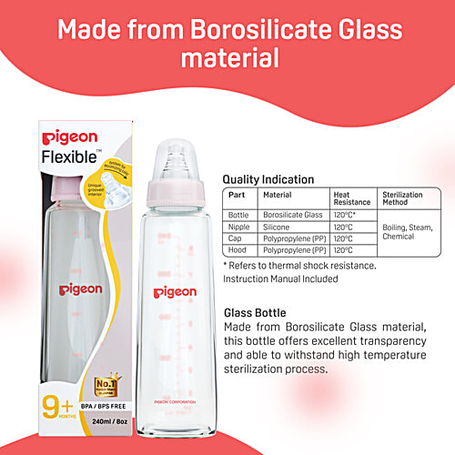 Pigeon Baby Glass Feeding Bottle With 2 L Nipples - 9+ Months, Pink, 240 ml BPA Free