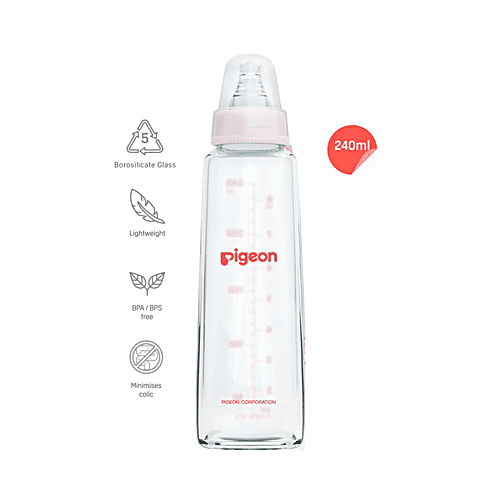 Pigeon Baby Glass Feeding Bottle With 2 L Nipples - 9+ Months, Pink, 240 ml BPA Free
