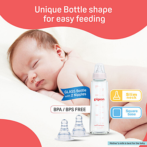 Pigeon Baby Glass Feeding Bottle With 2 L Nipples - 9+ Months, Pink, 240 ml BPA Free