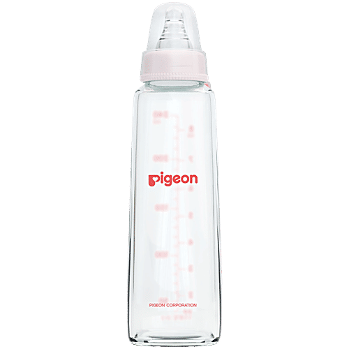 Pigeon Baby Glass Feeding Bottle With 2 L Nipples - 9+ Months, Pink, 240 ml BPA Free