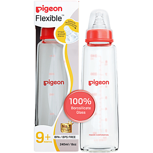 Pigeon Baby Glass Feeding Bottle - 9+ Months, Nipple L, Red, 240 ml BPA Free