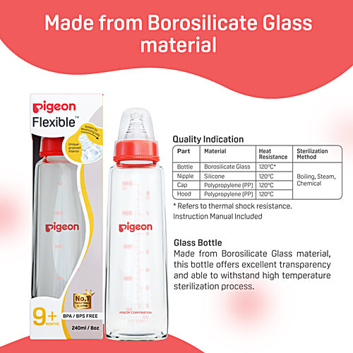 Pigeon Baby Glass Feeding Bottle - 9+ Months, Nipple L, Red, 240 ml BPA Free