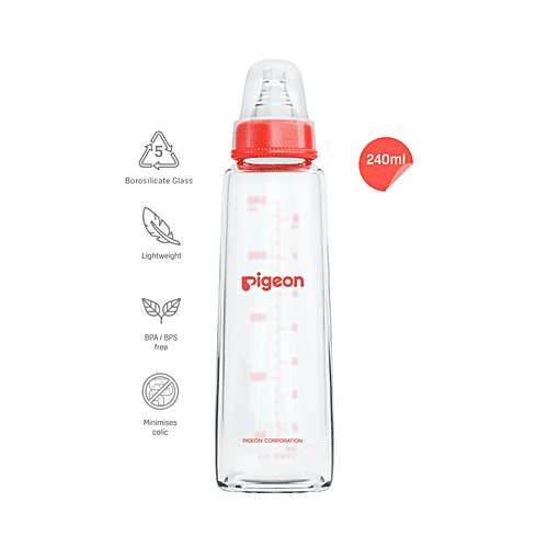 Pigeon Baby Glass Feeding Bottle - 9+ Months, Nipple L, Red, 240 ml BPA Free