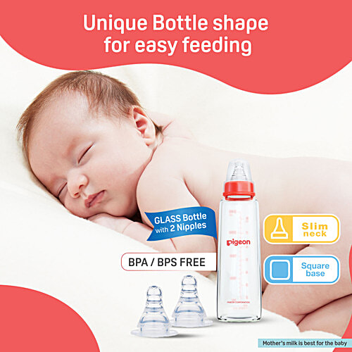 Pigeon Baby Glass Feeding Bottle - 9+ Months, Nipple L, Red, 240 ml BPA Free