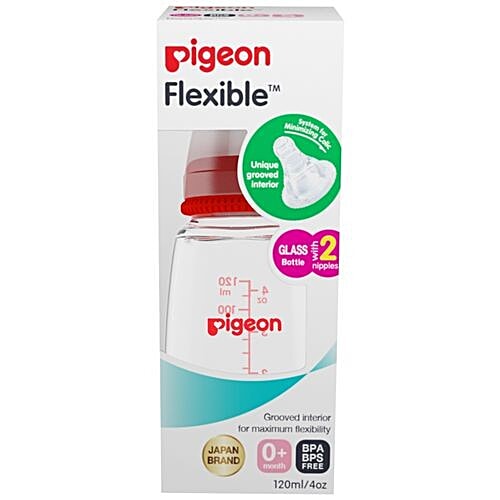 Pigeon Baby Glass Feeding Bottle - With Added Nipple, Red, S Size, 120 ml  