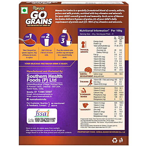 Manna Go Grains Multigrain Instant Drink Mix - For Growth & Immunity, Chocolate Flavour, 400 g Rich in Protein & Calcium