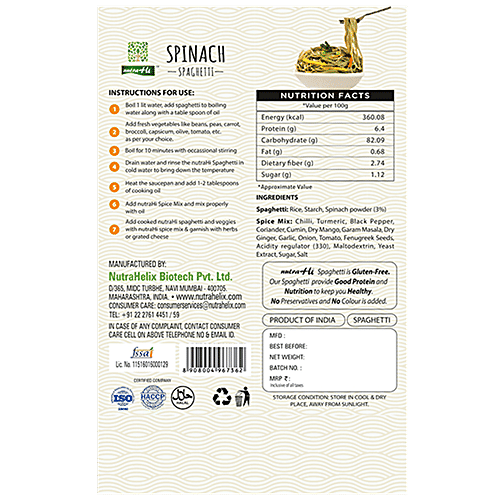 NutraHi Spinach Pasta - Spaghetti, 114 g Gluten Free & No Preservatives
