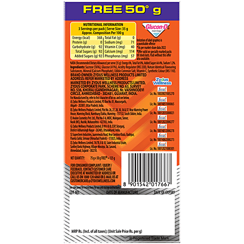 Glucon-D Instant Energy Glucose Powder - Tangy Orange, 75 g (Get 50 g Free)