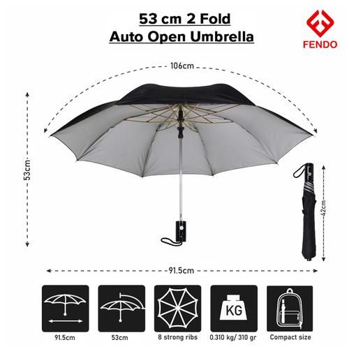 Fendo 2 Fold Umbrella - Auto Open, 53 cm, Black, 1 pc  Windproof