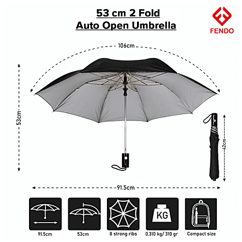 Fendo 2 Fold Umbrella - Auto Open, 53 cm, Black, 1 pc Windproof